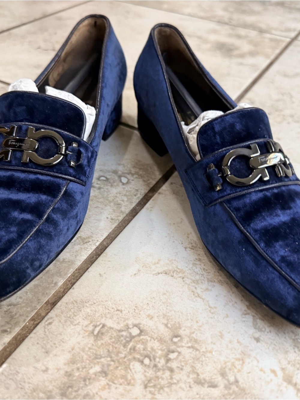 Salvatore Ferragamo Navy Velvet Mid Heel Loafers Size 6